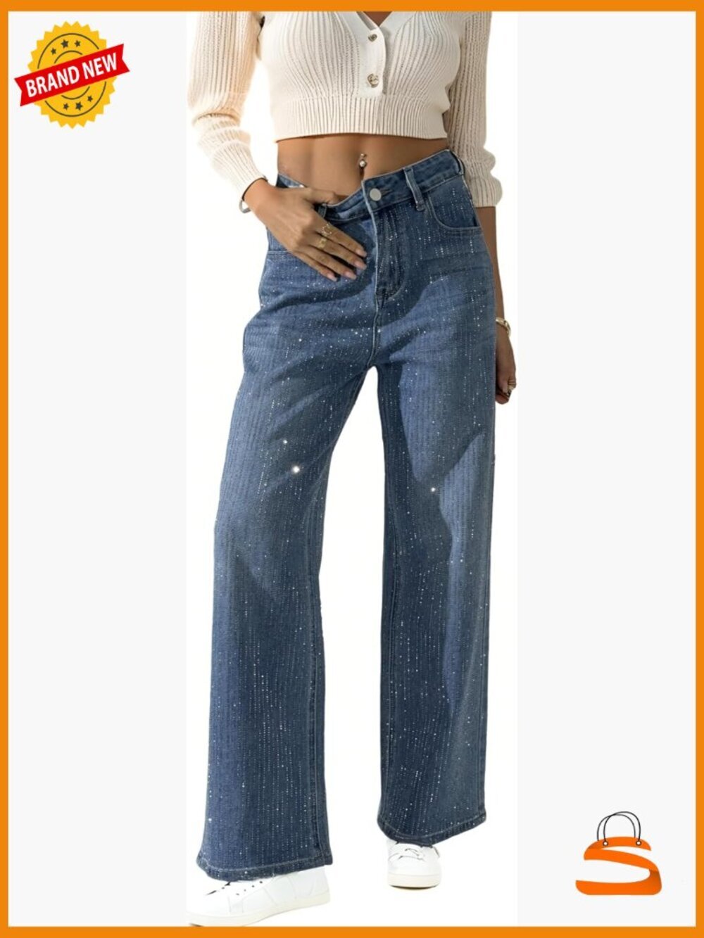 Women's Wide Leg Palazzo Baggy Rhinestone Glitter High Waist Denim Jeans